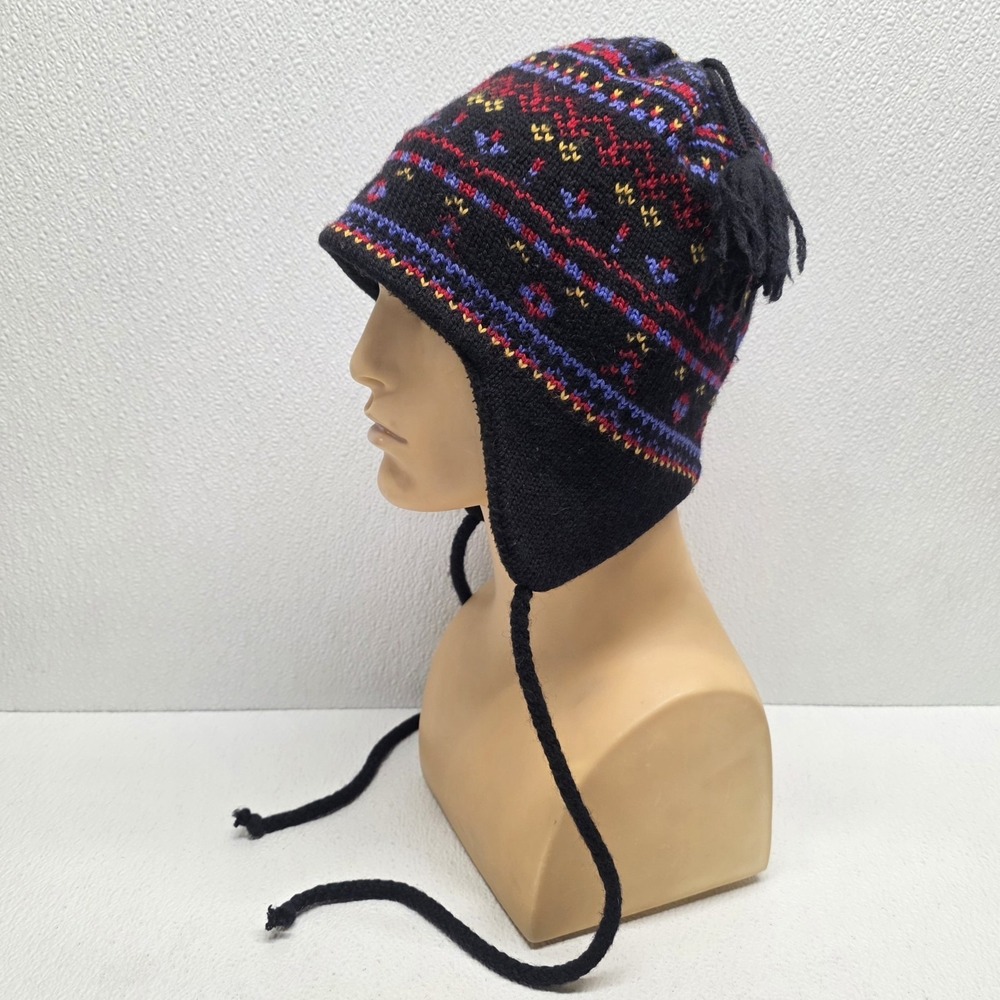 Vintage MERKLEY Headgear Wool Knit Beanie Black Yellow Red Ski Snow Hat Tassel